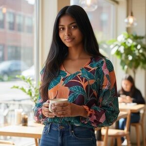 NWT Trina Turk Floral Ruffle Trim Top XS Long Sleeved Green Orange Purple Pink